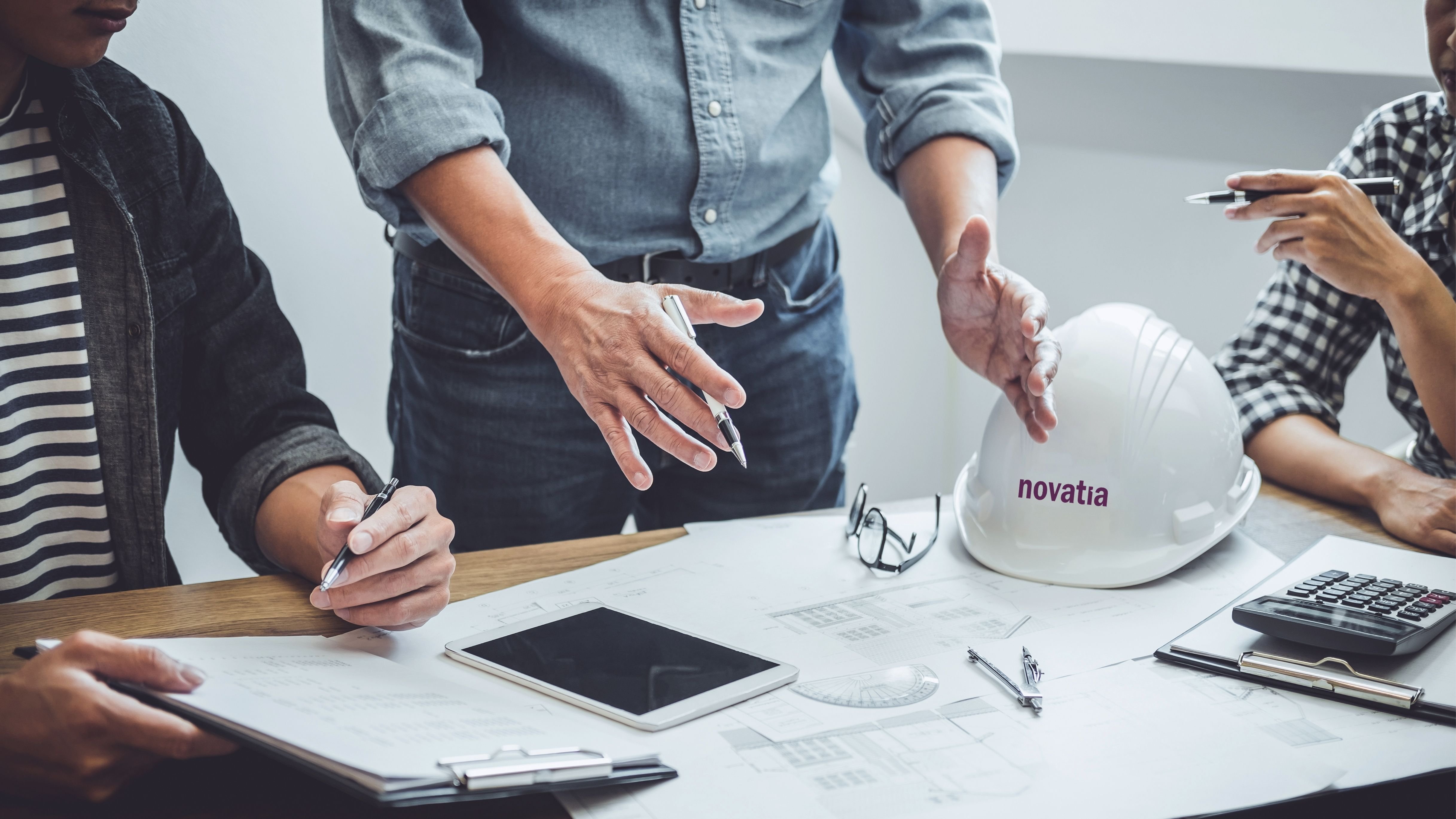 Construction - table with plans & hat
