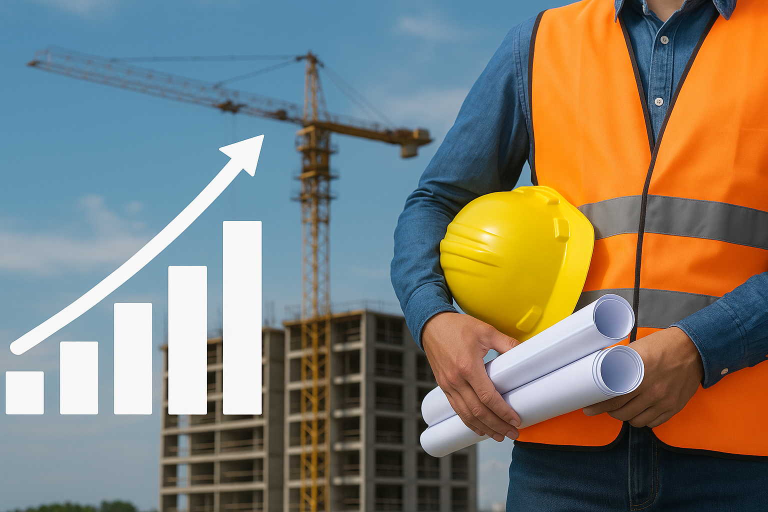 A construction worker holding a hard hat and blueprints stands in front of a building site with a crane and growth chart, symbolising progress in school construction.